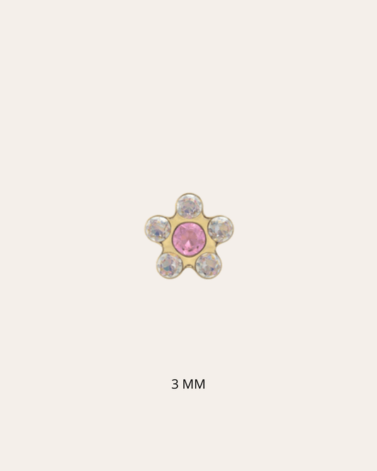 heylove Pendiente primera puesta MINI FLOR CRISTAL Y ROSA 3 MM ORO